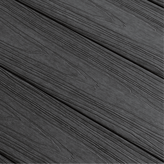 Dark grey WPC decking boards with woodgrain texture
