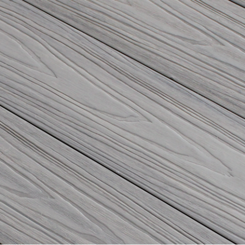 Grey wood-grain WPC decking boards with textured finish