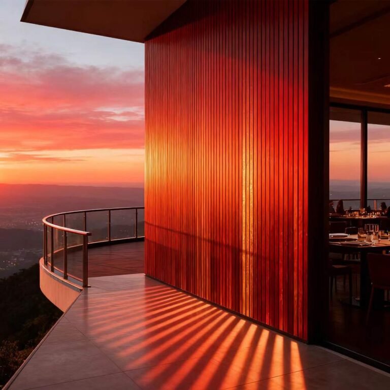 WPC wall cladding on balcony at sunset