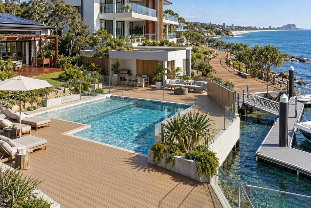 Composite Decking vs Timber and PVC: A Four-Material Comparison for Trade Buyers 7 composite decking pool surround boardwalk waterfront