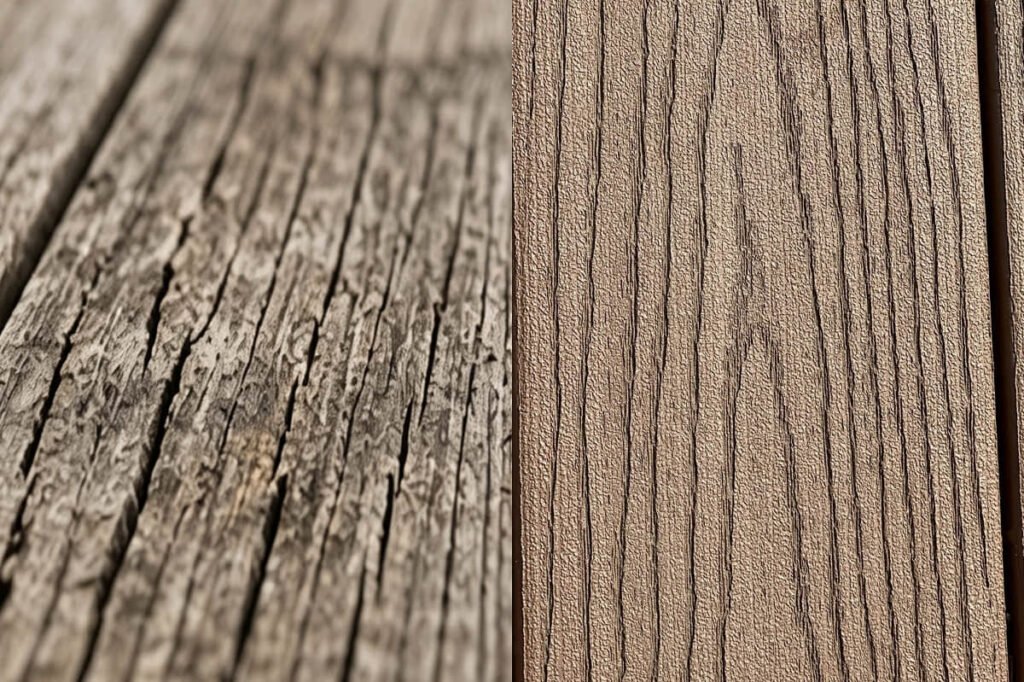A comparison showing old splintered merbau next to a clean composite decking board for a deck upgrade