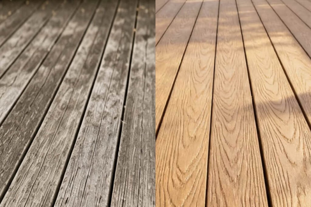 A split view showing an old faded timber deck on the left and a smooth composite deck on the right