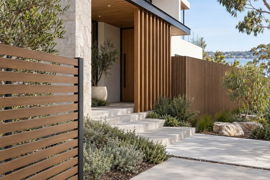 Composite Screening Panels: A Trade Guide to Profiles, Installation, and Specs 1 composite screening panels front entry coastal home