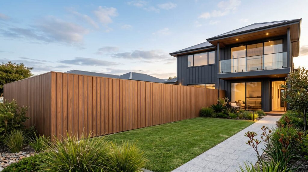 A long brown composite screening panels fence running along a modern house yard