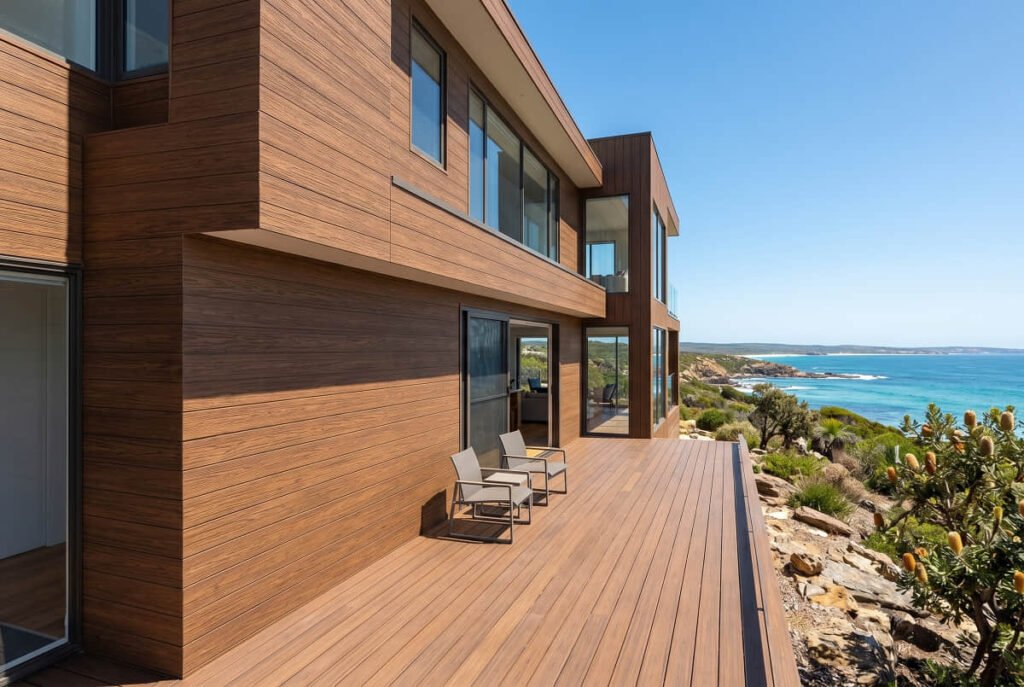 Composite cladding in a wood look covers the exterior walls of a modern coastal house