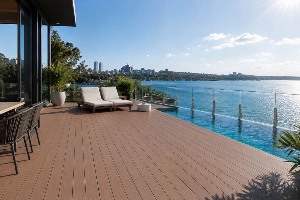 Composite Decking Colours for Australian Projects 3 Brown composite decking colour on luxury waterfront deck with infinity pool and city skyline