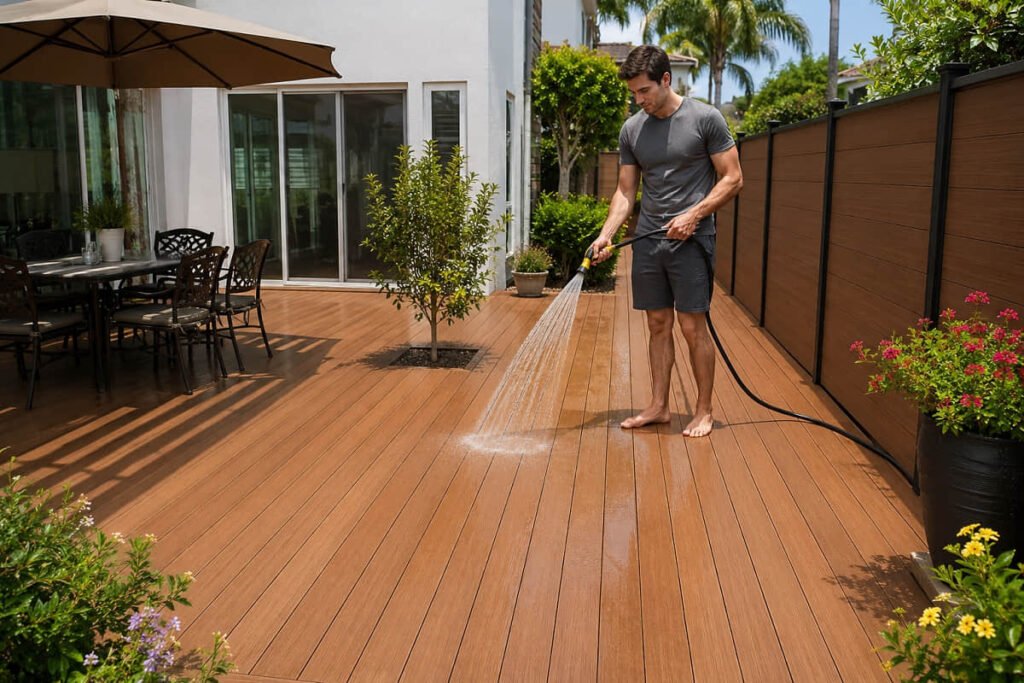 Man rinsing composite deck with garden hose