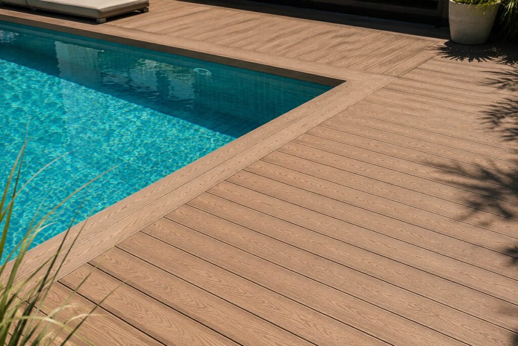 Composite decking installed around a swimming pool corner with warm brown finish