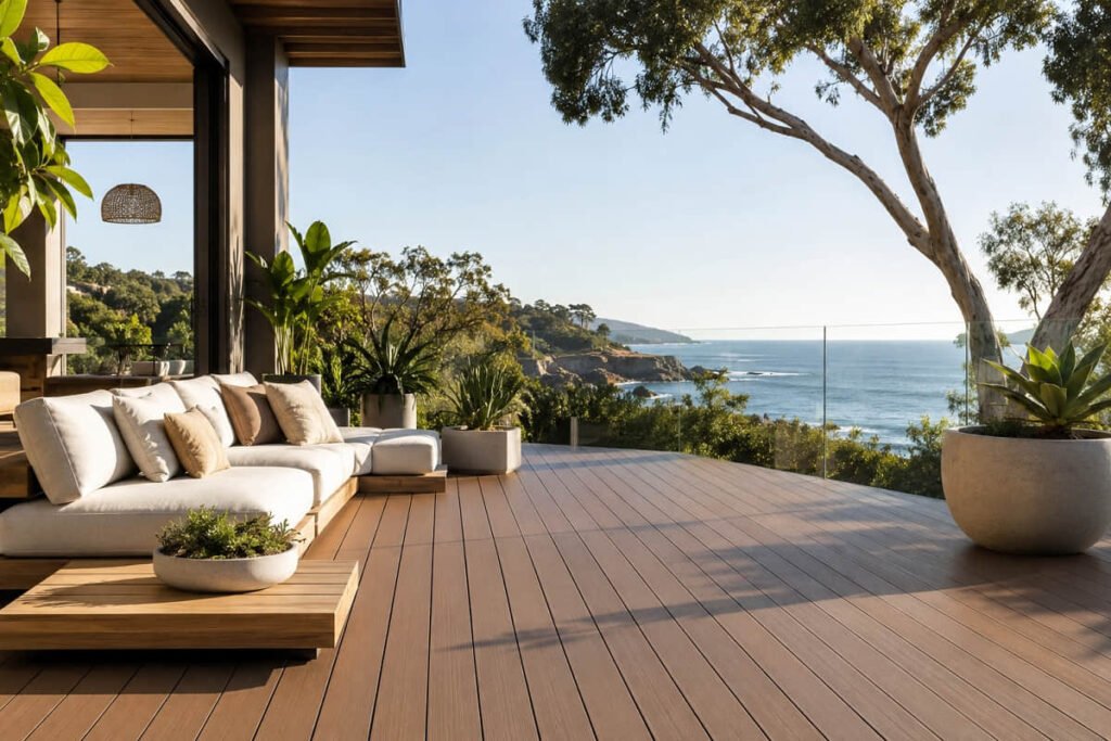 How to Choose a Composite Decking Supplier in Australia 2 Timber-look composite decking on a coastal Australian property with glass balustrade and outdoor living area