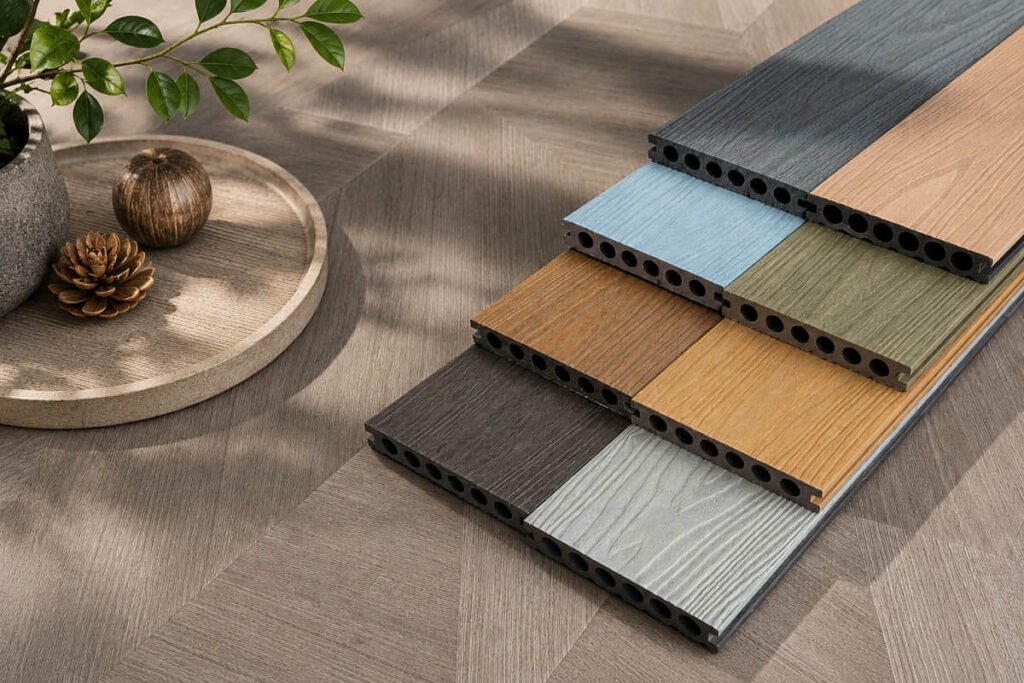 How to Choose a Composite Decking Supplier in Australia 1 Full colour range of composite decking boards from an Australian supplier including charcoal, oak, blue-grey and sage green options