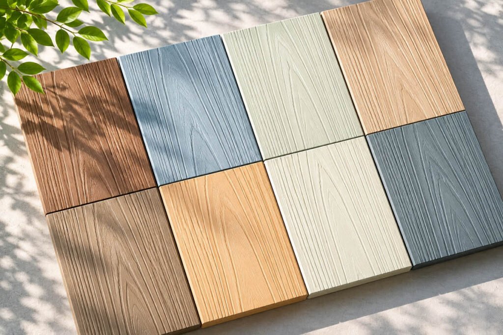Composite decking colour samples including brown, blue-grey, sage green, cream and tan