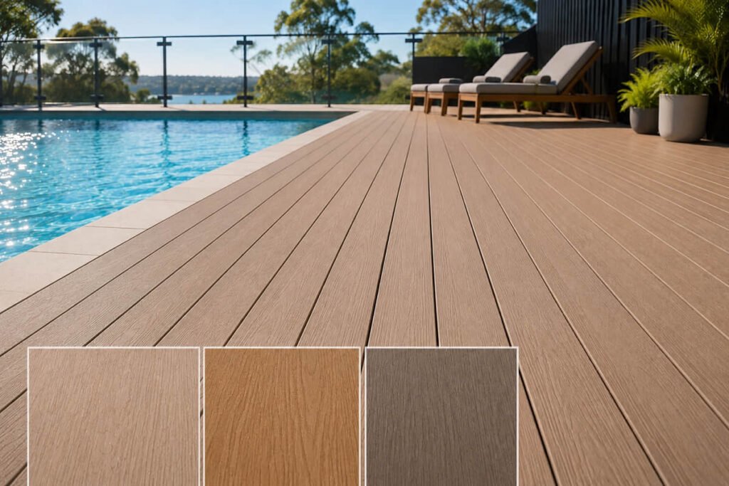 Composite Decking Colours for Australian Projects 6 Warm-tone composite decking colours beside swimming pool with sand, tan and grey swatches
