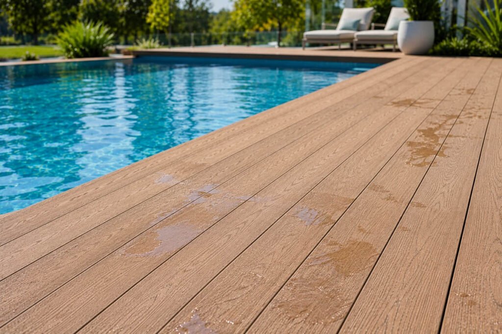 Composite Decking Around a Pool: The Australian Trade Guide 1 composite decking poolside wet footprints