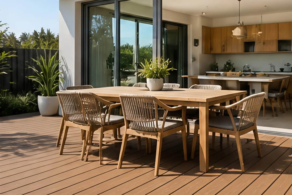 A family dining setup on composite decking used as an outdoor entertaining space