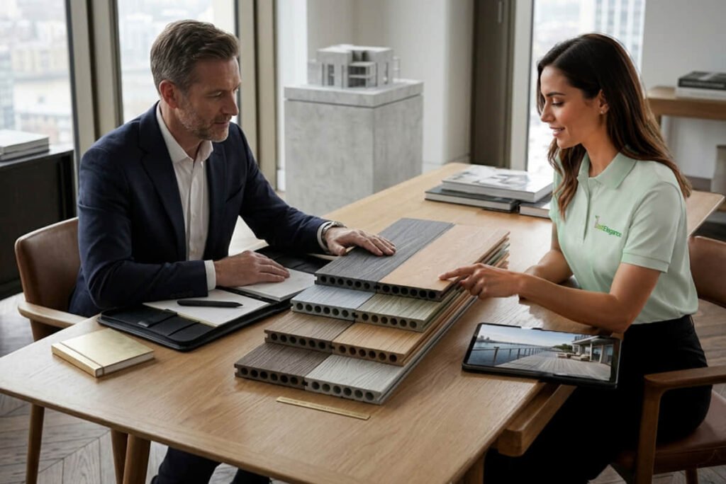 Australian composite decking supplier consultant presenting board samples and colour options to a commercial client