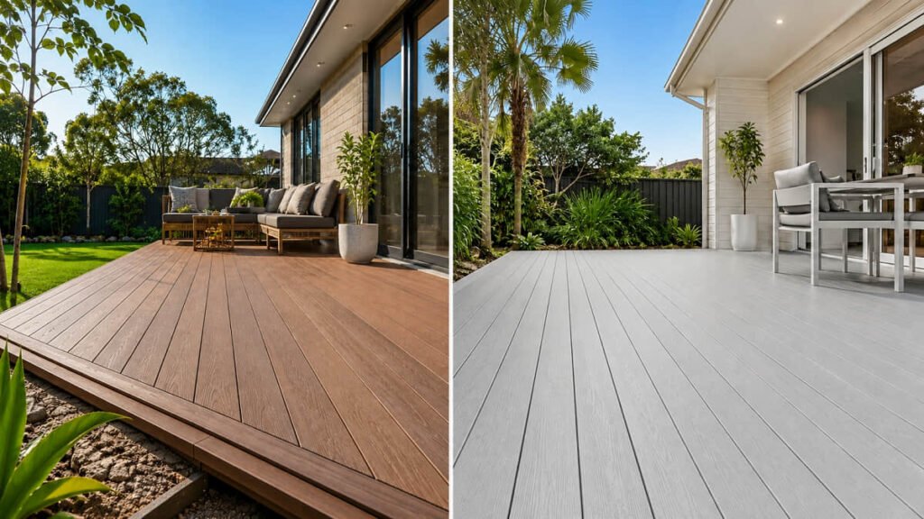 Wide view of two patios with plants and seating showing different deck colours, composite decking vs pvc decking