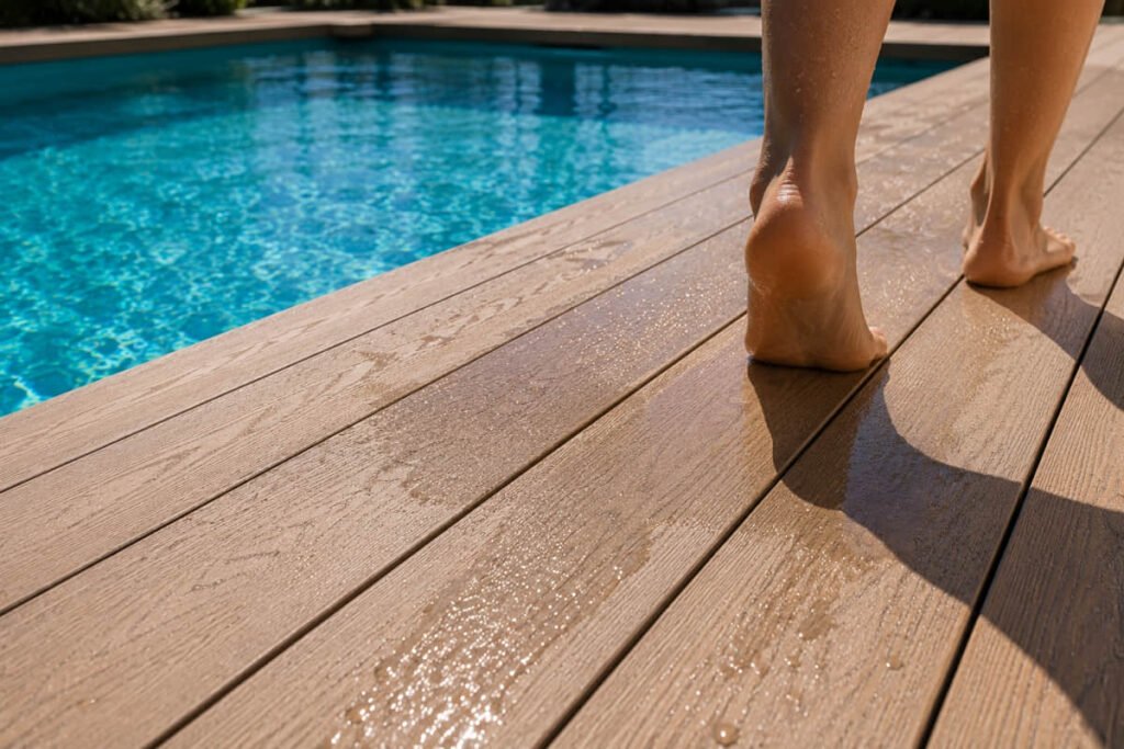 Composite Decking Around a Pool: The Australian Trade Guide 2 composite pool decking wet surface barefoot