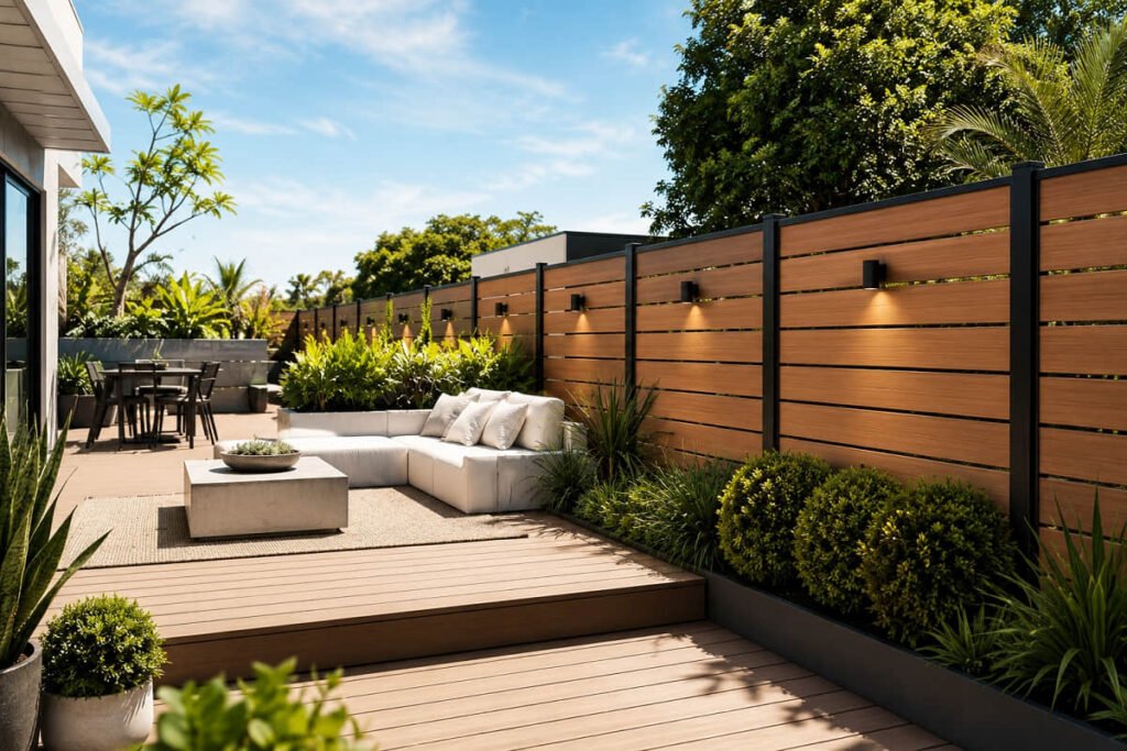 A private backyard with seating, planters and composite screening along the boundary