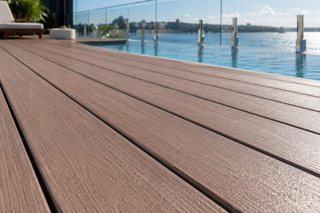 Composite Decking Around a Pool: The Australian Trade Guide 4 dark brown composite pool deck waterfront