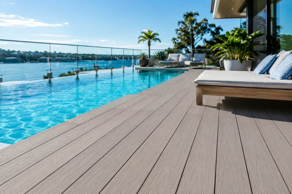 Composite Decking Around a Pool: The Australian Trade Guide 6 grey composite decking infinity pool luxury