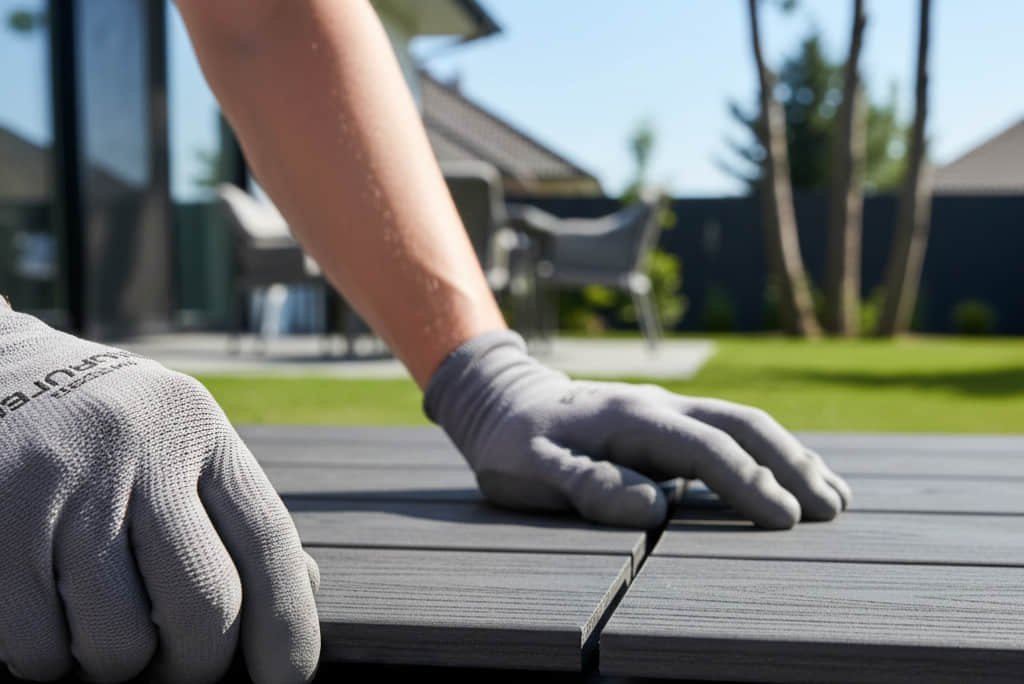 A worker fitting composite decking boards to finish an outdoor deck surface