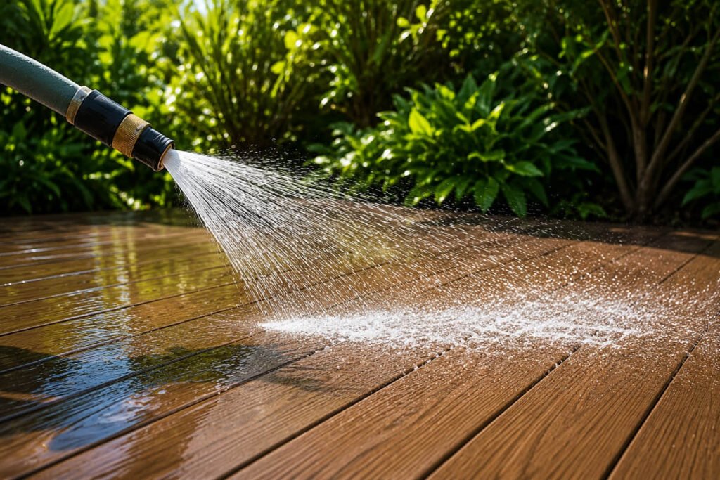 How to Clean Composite Decking: A Contractor's Care Guide 5 rinsing composite deck garden hose