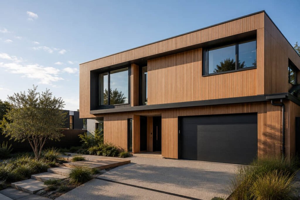 Vertical composite cladding on two-storey modern Australian home with black accents