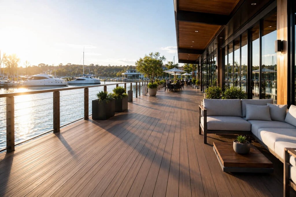 Composite Decking for Commercial Projects: Boardwalks, Restaurants and Public Spaces 3 commercial composite decking waterfront marina restaurant