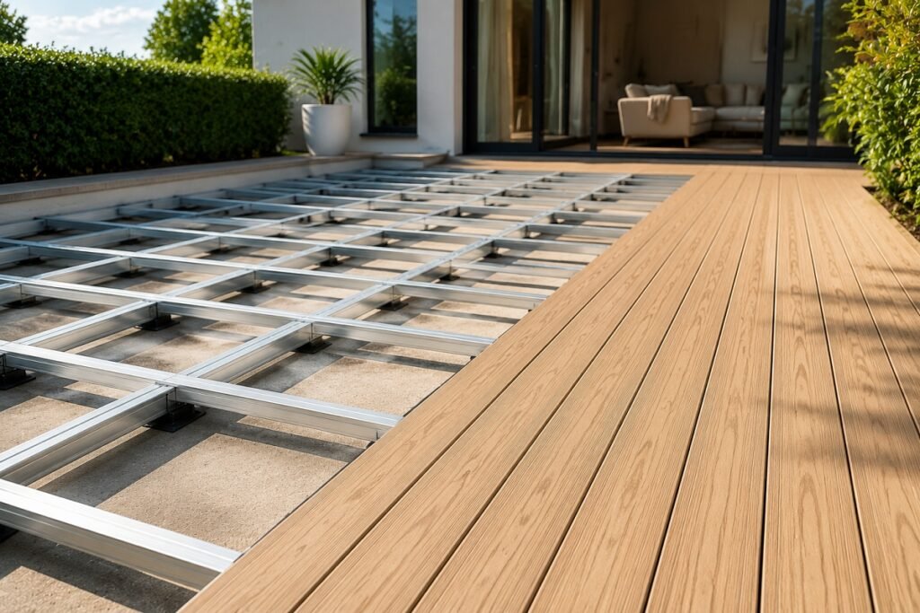 Aluminium subframe being installed before laying composite decking boards on Australian property