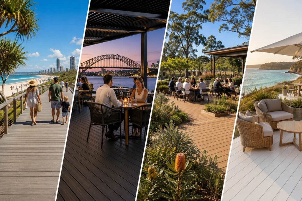 Four commercial composite decking projects in Australia: a family-friendly beachfront boardwalk on the Gold Coast, a waterfront restaurant with Sydney Harbour Bridge views, an outdoor dining deck surrounded by native banksia gardens, and a coastal resort terrace overlooking a secluded bay