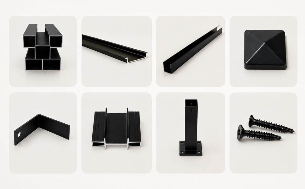 How to Install Composite Screening as One System 2 composite screening hardware parts flat lay