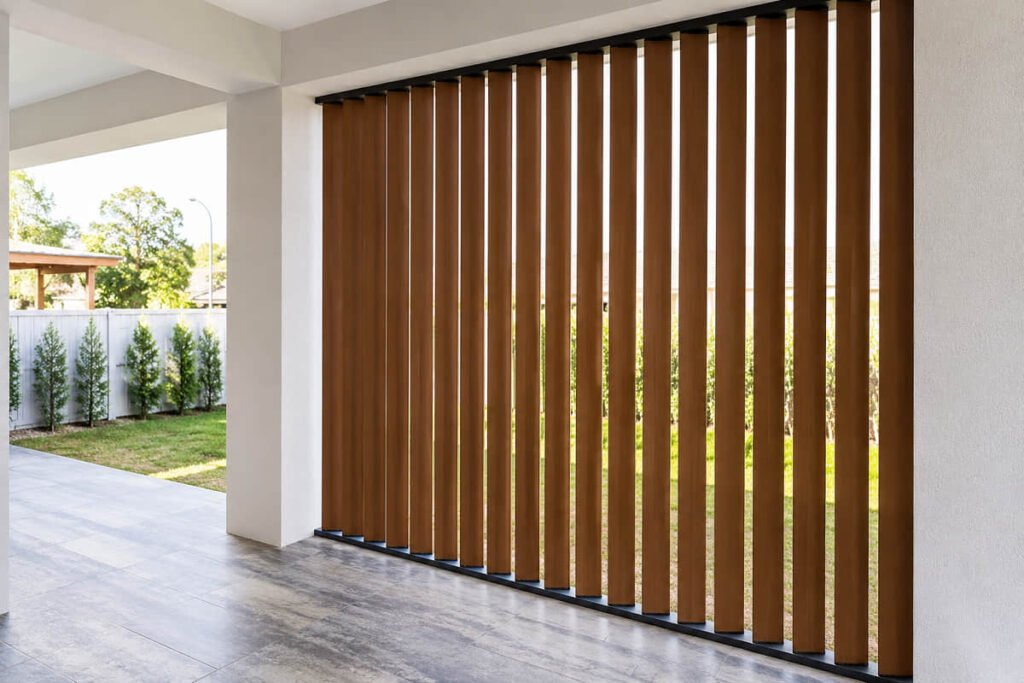 Louvre-style composite screening installed on covered patio, common mistakes avoided