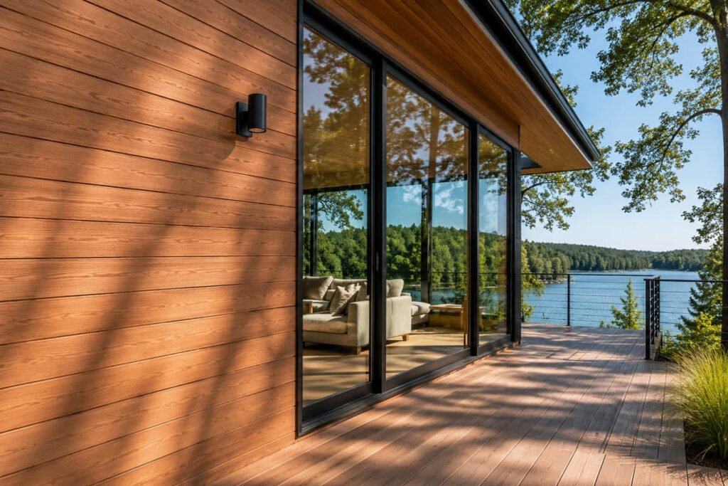 composite timber cladding lakeside home deck