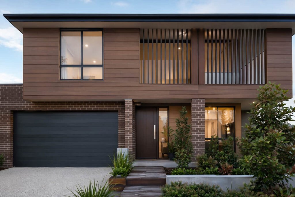 Two-storey Australian home combining composite wall cladding with brick and vertical batten balcony screen