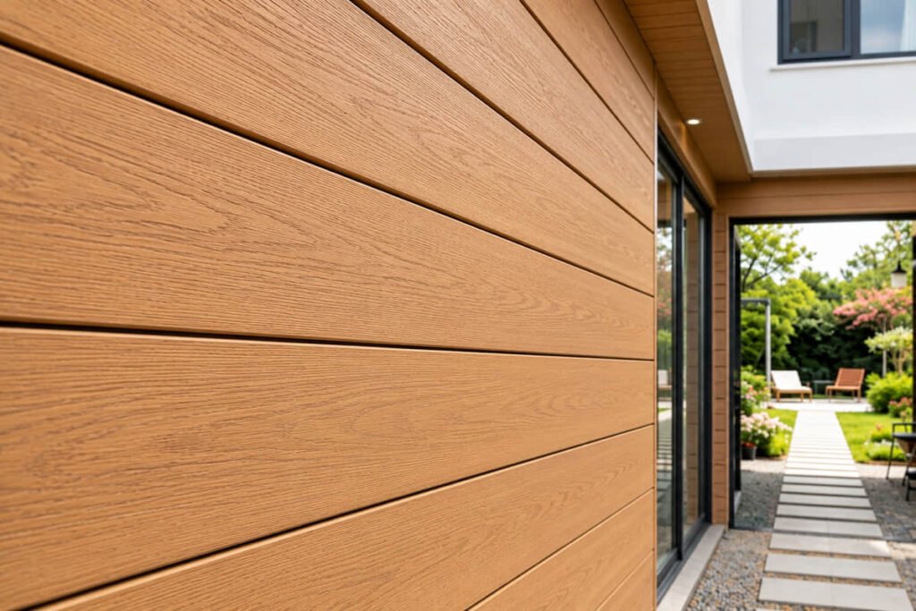 Close-up of composite wall cladding showing realistic wood grain texture on Australian home exterior