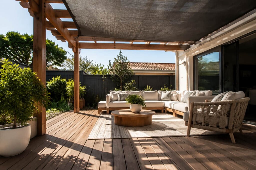 Covered composite deck with pergola for all-weather use