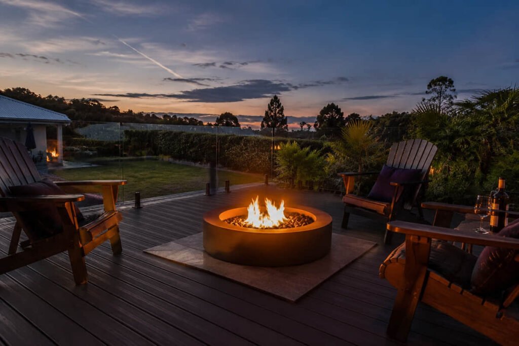 Fire pit safely set up on a composite deck