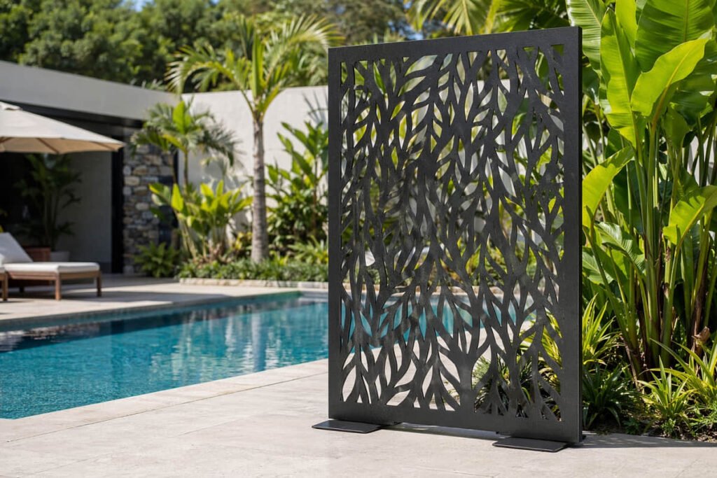 10 Outdoor Privacy Screen Ideas for Australian Backyard 8 freestanding laser cut metal privacy screen poolside australia