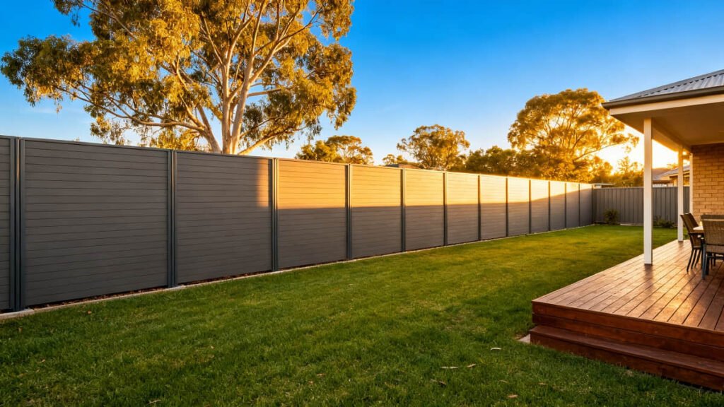 Composite privacy fence panels along backyard boundary with lawn and deck, Australian home