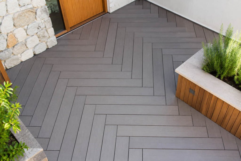 Herringbone pattern composite decking layout