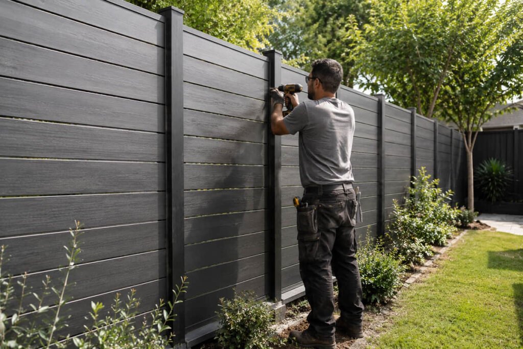 Tradesman showing how to install composite screening panels
