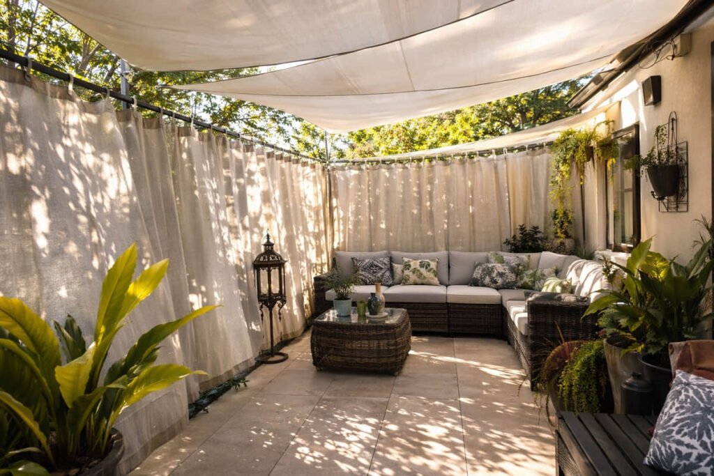10 Outdoor Privacy Screen Ideas for Australian Backyard 11 outdoor curtain shade sail patio privacy australia