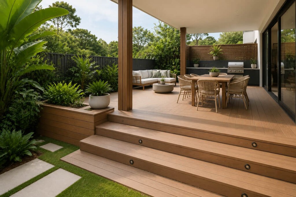 Raised composite deck with steps, outdoor kitchen and lounge area, Australia