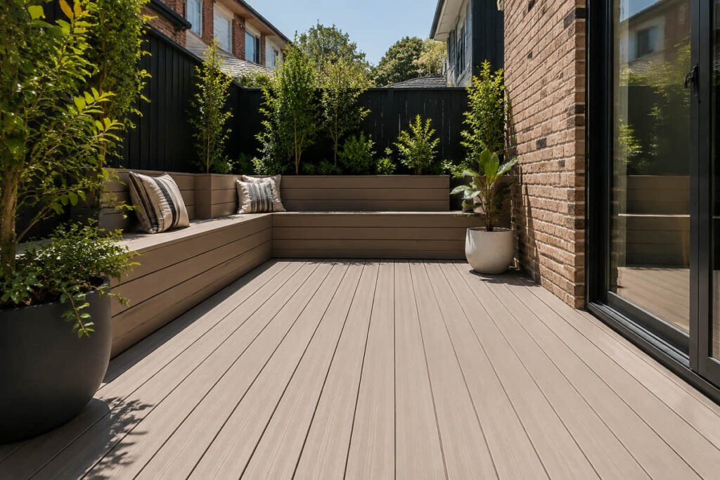 Small composite deck design idea for a tight backyard space