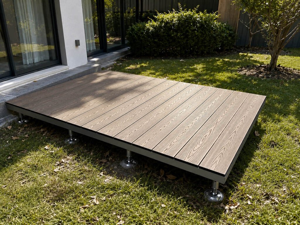 Spacious platform deck extending a contemporary home's outdoor living space