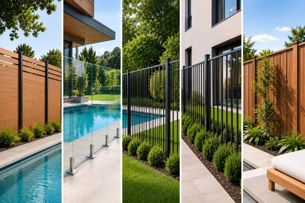 Backyard pool fence designs in glass, aluminium and timber-look finishes