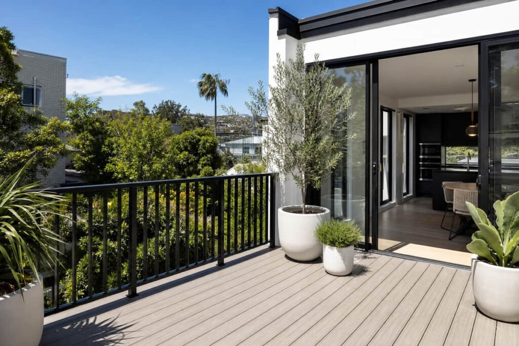 black deck railing light grey boards