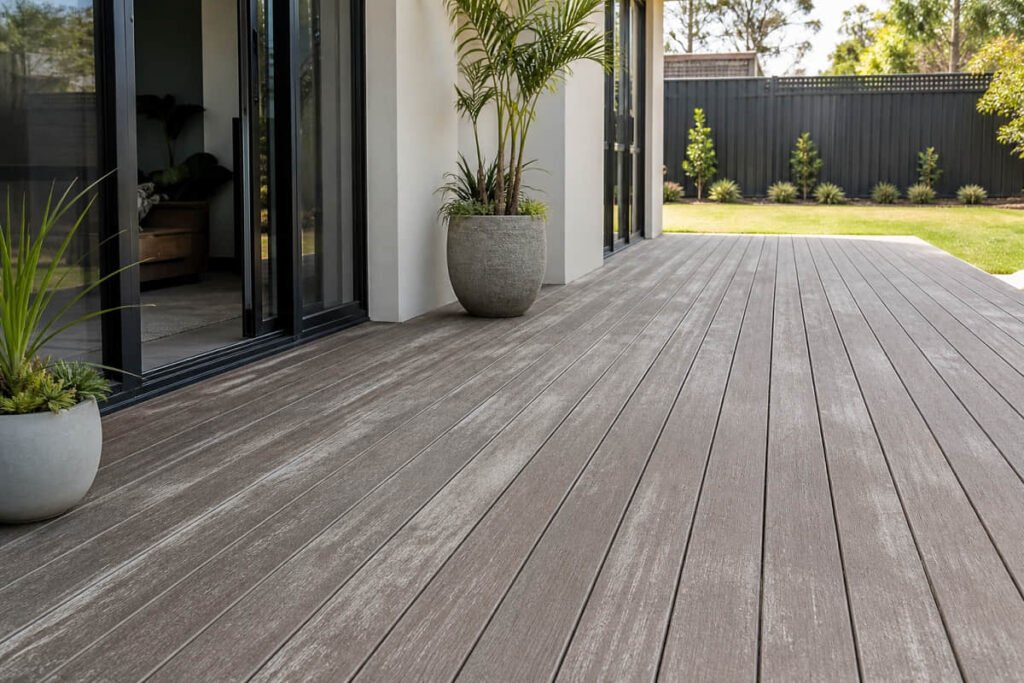 Modern Australian backyard with composite decking patio and outdoor living space