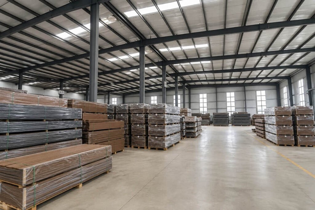 Warehouse storage for composite cladding and decking boards before shipment to Australian customers