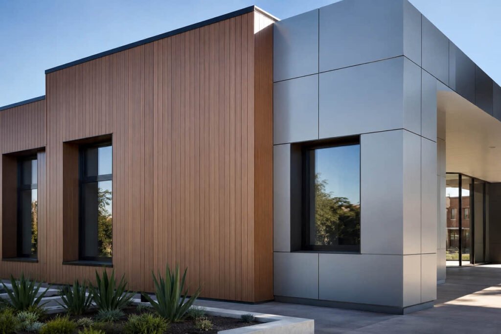 Modern Australian home with timber-look composite cladding and aluminium cladding.